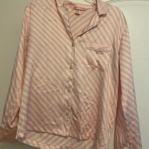 Victoria secret Pink Striped Button-Up Shirt and pajamas pant . Silk .